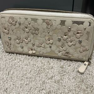 Anteprima Zip Around Leather Long Wallet Beige Floral Applique Preppy Coquette